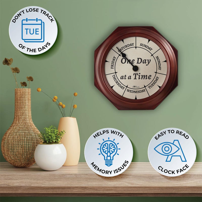 DayClocks Classic Week-Day Wall Clock with Solid Wood-Octagonal Frame â€“ Noon & Midnight Markers â€“ Quiet Wall Mounted Clock - Ideal Retirement Gift for Men & Women, Mahogany, One Day at a Time, 10" - Image 2